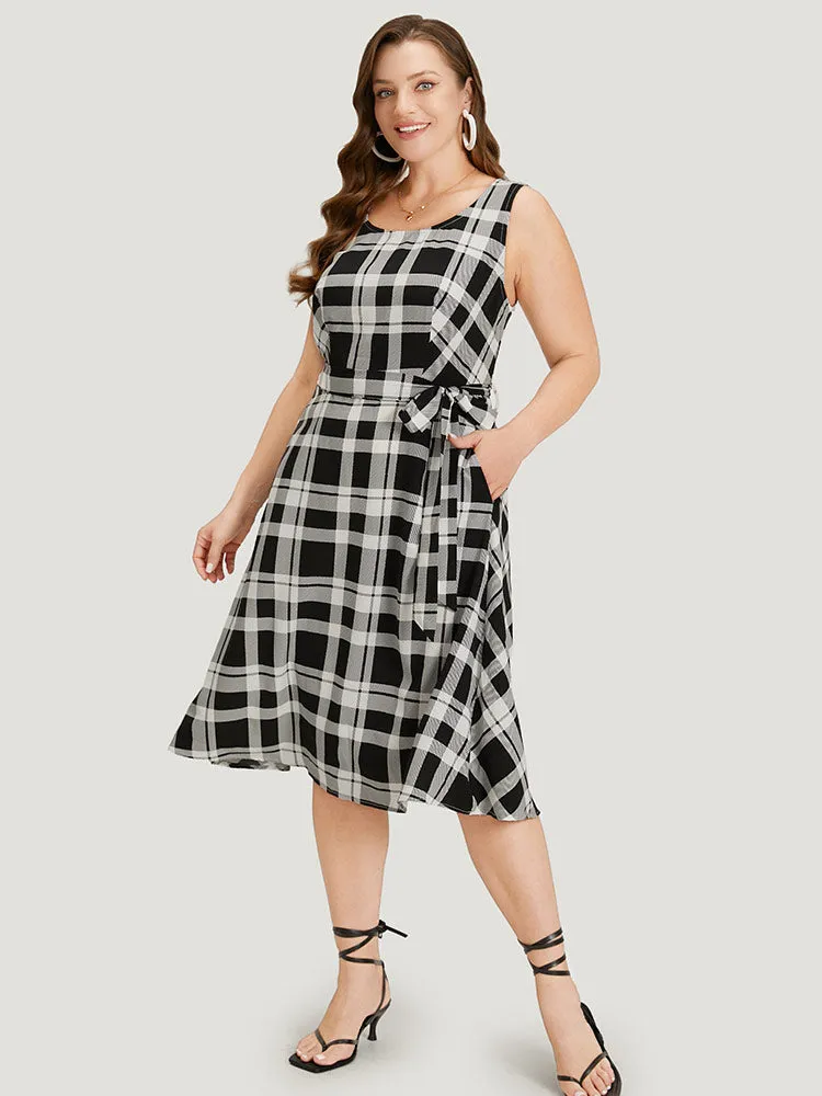 Plaid Pocket Zipper Belted Sleeveless Dress sold by Bloomchic