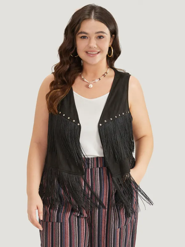 Plain Tassel Trim Rivets Sleeveless Jacket sold by Bloomchic