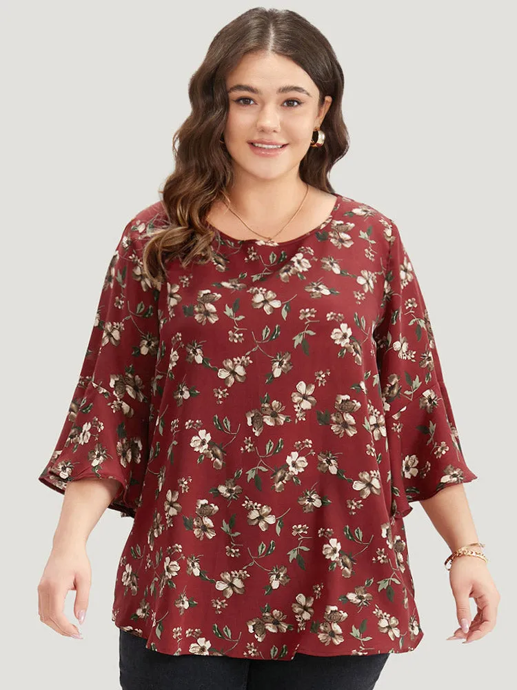 Floral Print Bell Sleeve Crew Neck Blouse sold by Bloomchic