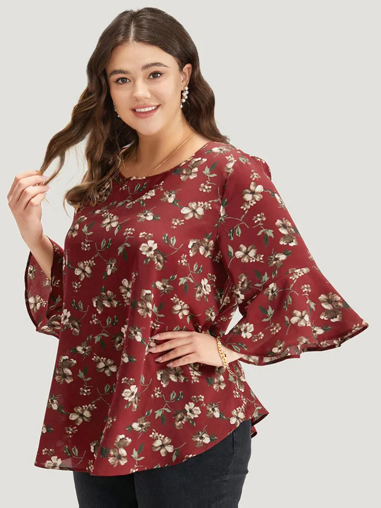 Floral Print Bell Sleeve Crew Neck Blouse sold by Bloomchic product image thumbnail 2