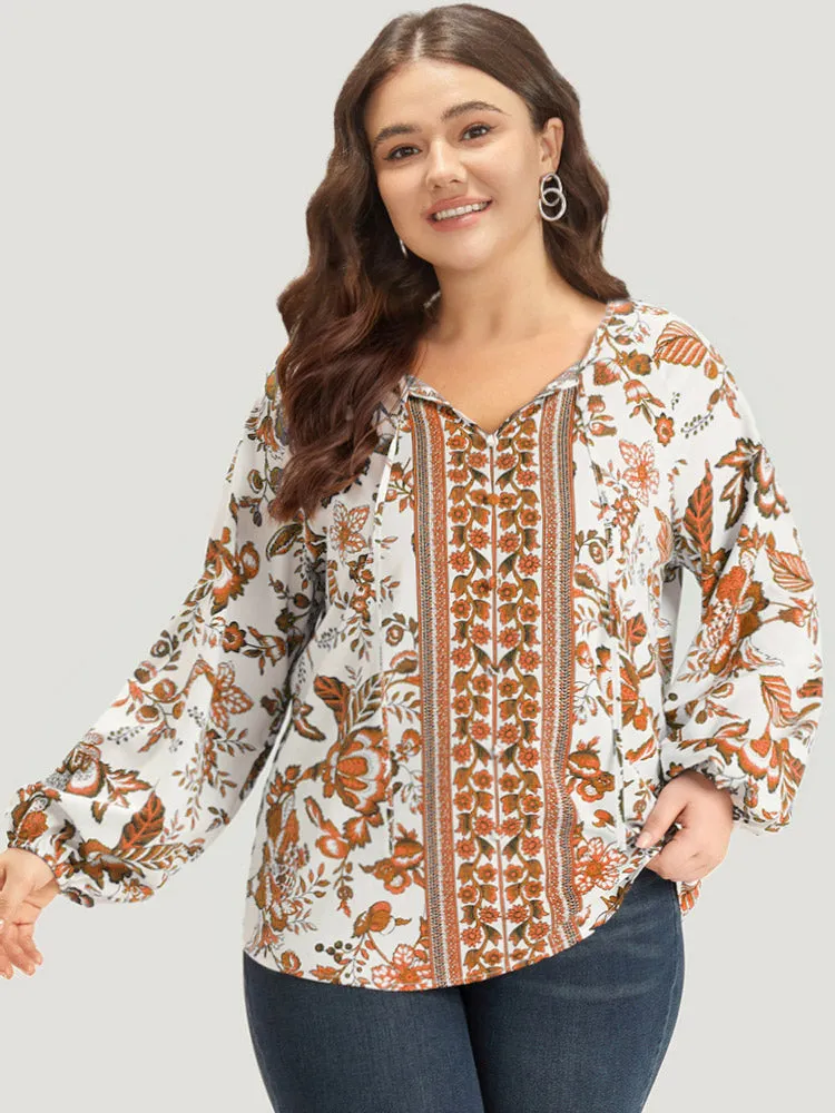 Boho Print Knot Neck Lantern Sleeve Blouse sold by Bloomchic