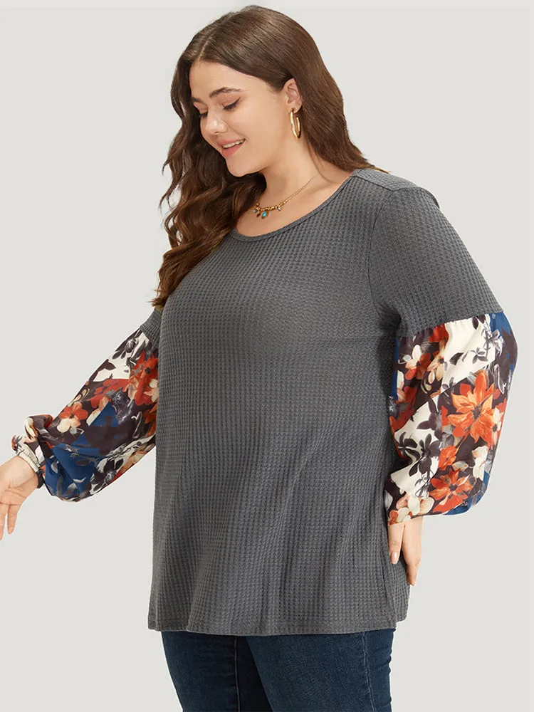 Waffle Knit Floral Print Patchwork Elastic Cuffs T-shirt sold by Bloomchic product image thumbnail 5