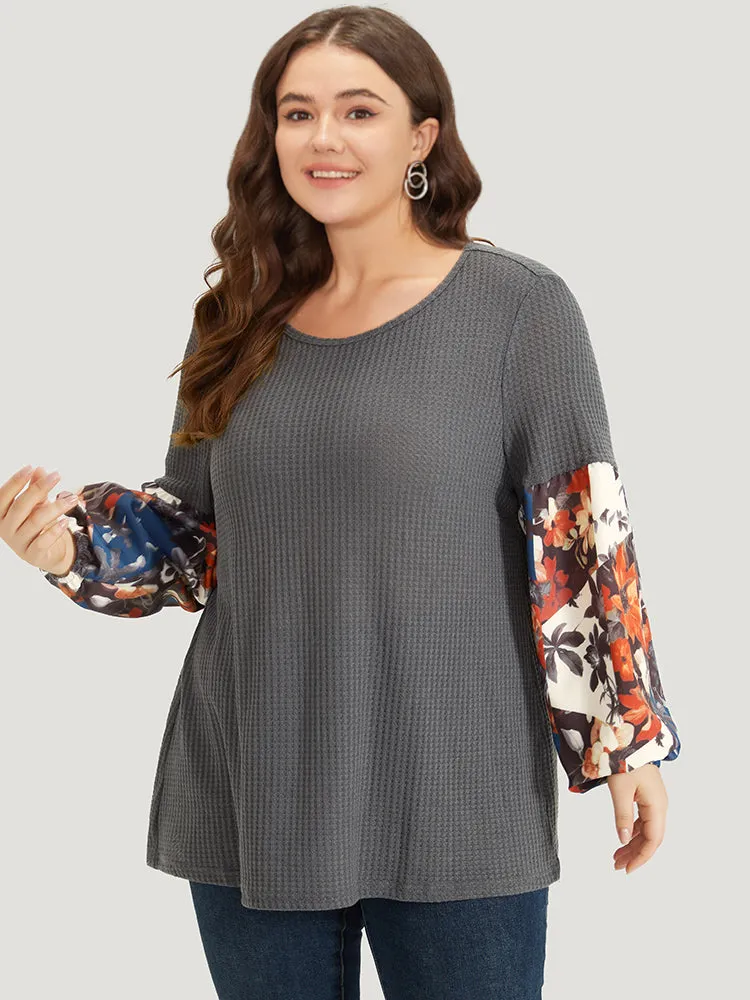Waffle Knit Floral Print Patchwork Elastic Cuffs T-shirt sold by Bloomchic product image thumbnail 3