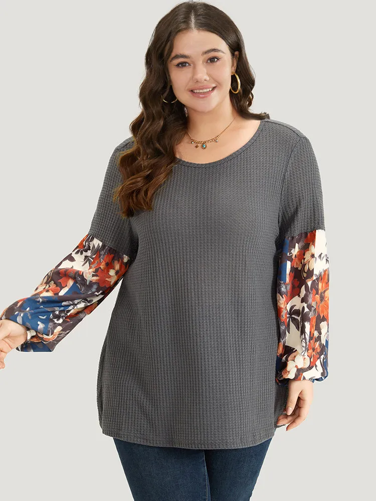 Waffle Knit Floral Print Patchwork Elastic Cuffs T-shirt sold by Bloomchic product image thumbnail 2