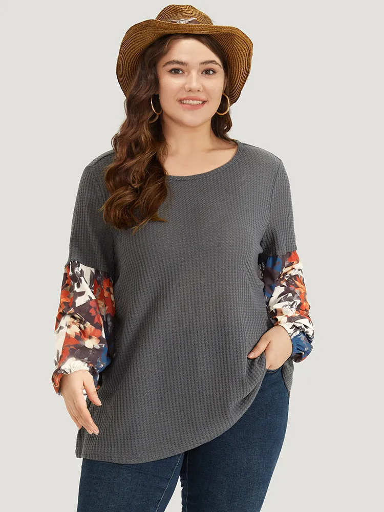 Waffle Knit Floral Print Patchwork Elastic Cuffs T-shirt sold by Bloomchic