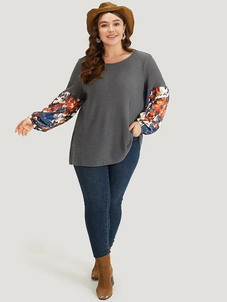 Waffle Knit Floral Print Patchwork Elastic Cuffs T-shirt sold by Bloomchic product image thumbnail 4