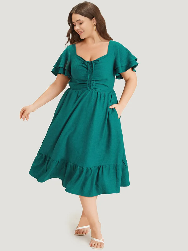 Solid Drawstring Pocket Ruffle Trim Layered Dress sold by Bloomchic product image thumbnail 2