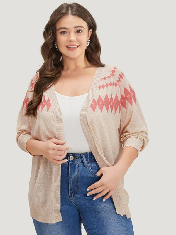 Geometric Print Raglan Sleeve Open Front Cardigan sold by Bloomchic