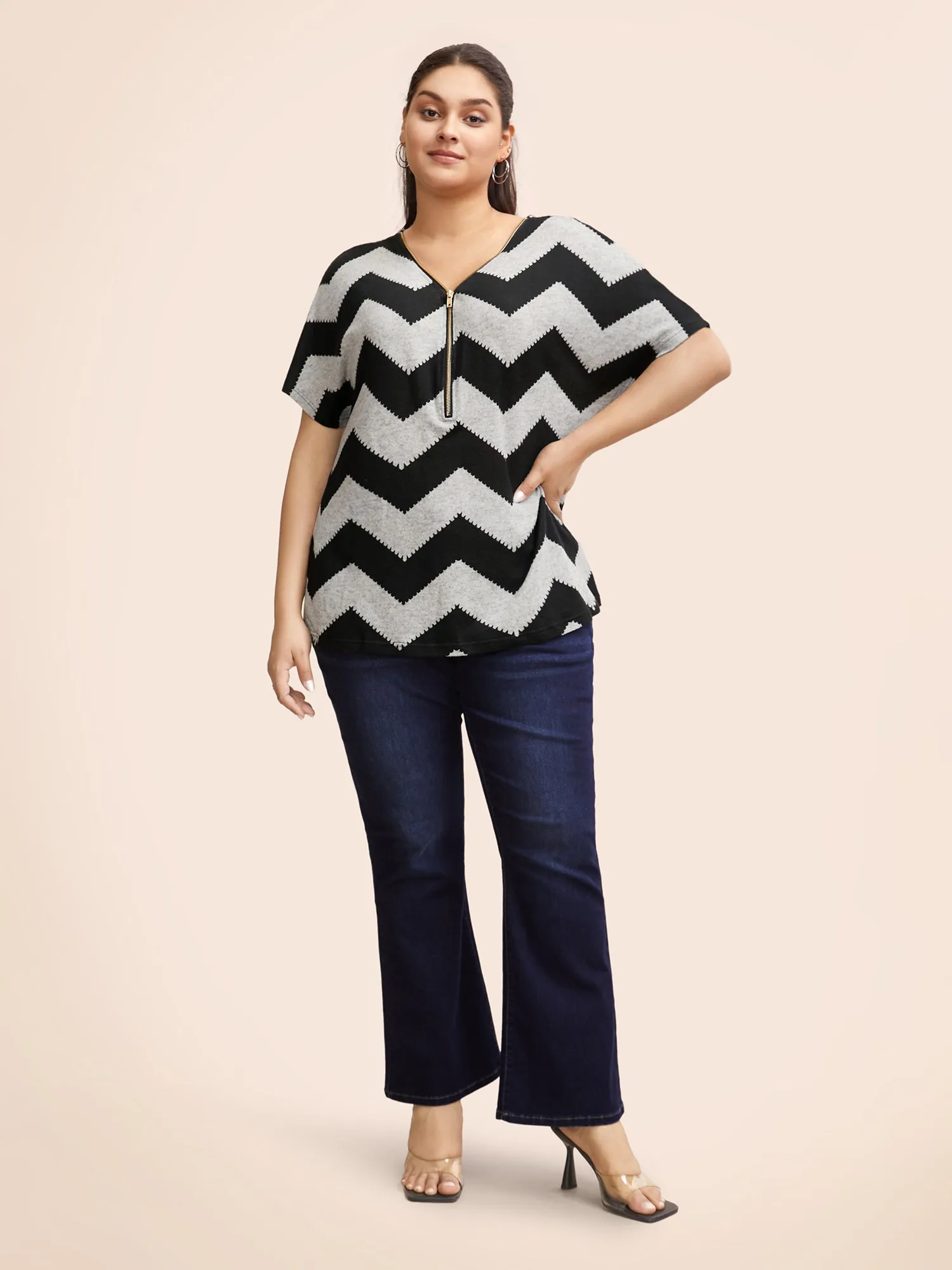 Striped Zipper Batwing Sleeve T-shirt sold by Bloomchic product image thumbnail 3