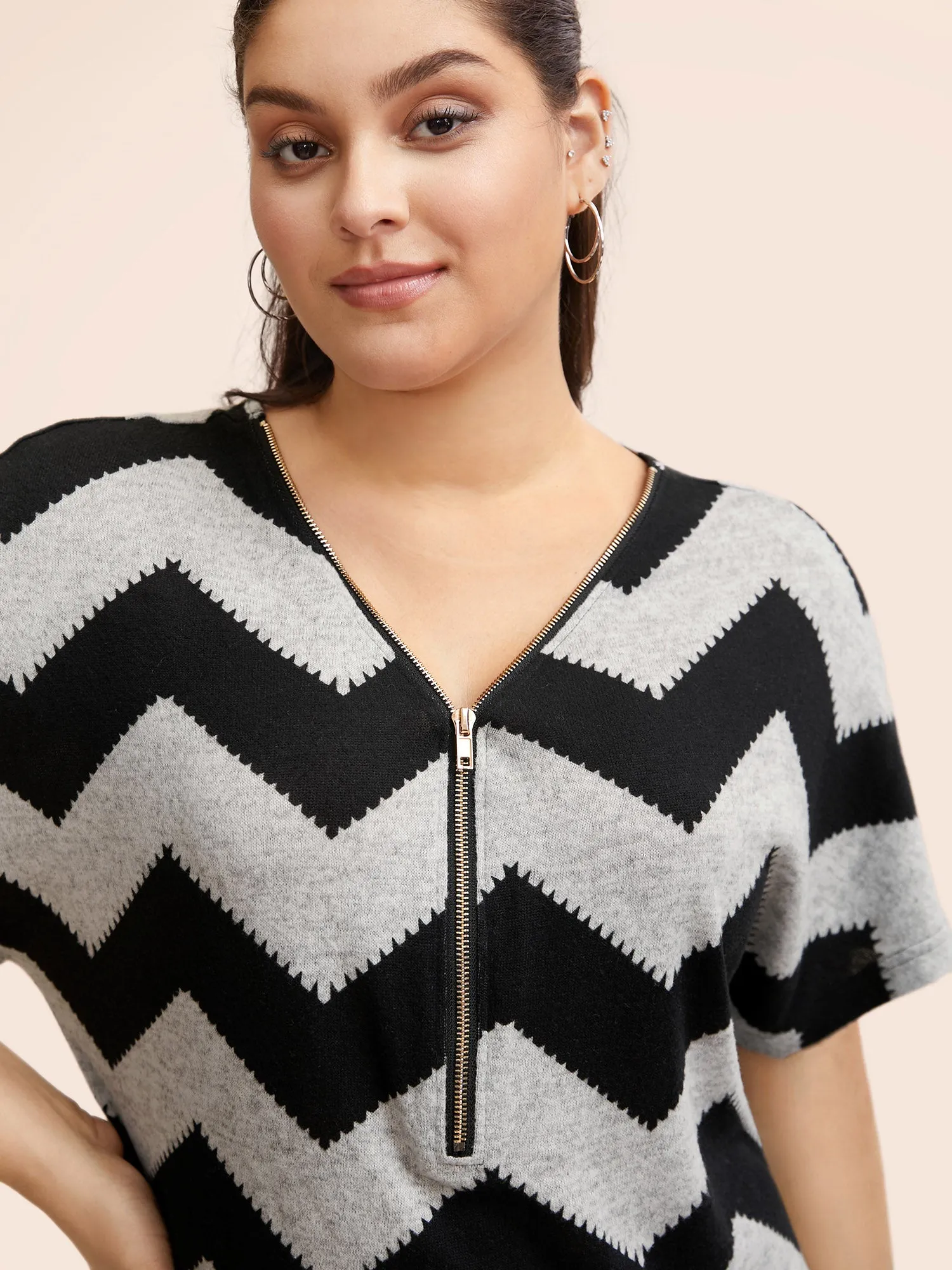 Striped Zipper Batwing Sleeve T-shirt sold by Bloomchic product image thumbnail 2