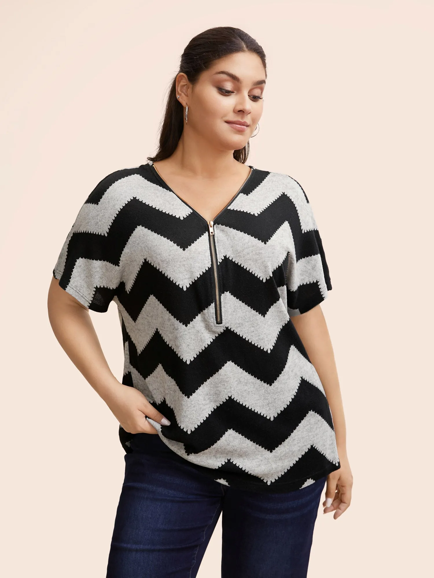 Striped Zipper Batwing Sleeve T-shirt sold by Bloomchic