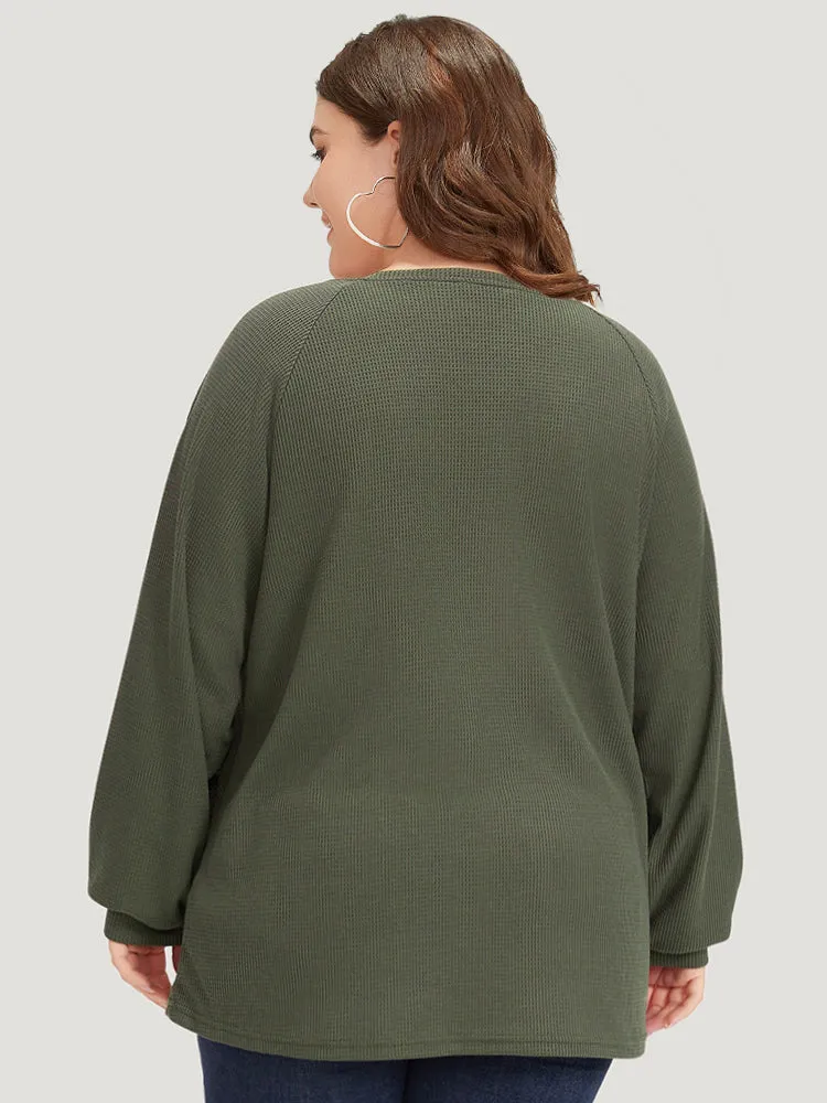 Plain Waffle Knit Button Detail Crew Neck Raglan Sleeve T-shirt sold by Bloomchic product image thumbnail 2