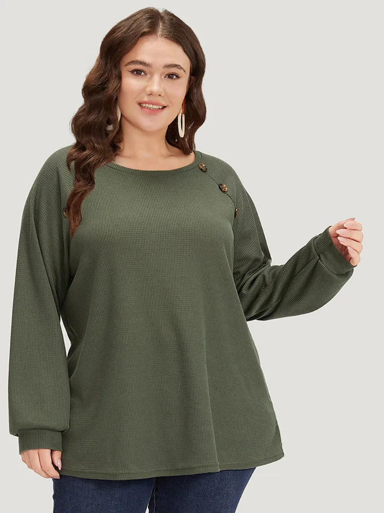 Plain Waffle Knit Button Detail Crew Neck Raglan Sleeve T-shirt sold by Bloomchic product image thumbnail 5