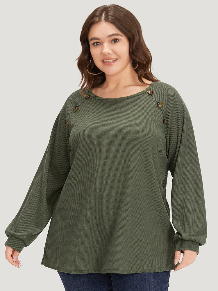 Plain Waffle Knit Button Detail Crew Neck Raglan Sleeve T-shirt sold by Bloomchic