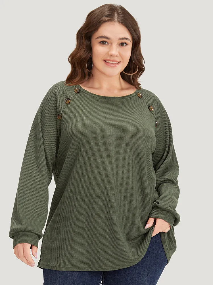 Plain Waffle Knit Button Detail Crew Neck Raglan Sleeve T-shirt sold by Bloomchic product image thumbnail 3