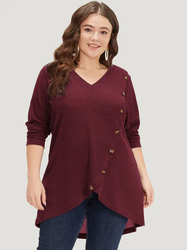Plain Texture V Neck Button Detail T-shirt sold by Bloomchic