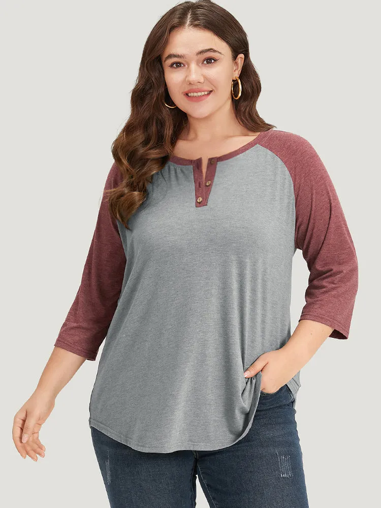 Two Tone Button Up Raglan Sleeve T-shirt sold by Bloomchic