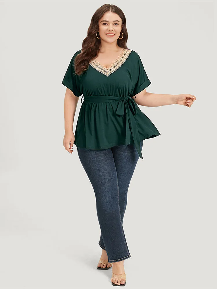 Solid Lace Patchwork V Neck Belted T-shirt sold by Bloomchic product image thumbnail 4