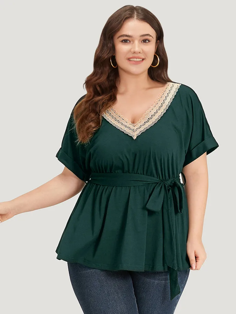 Solid Lace Patchwork V Neck Belted T-shirt sold by Bloomchic product image thumbnail 5