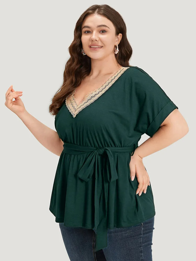 Solid Lace Patchwork V Neck Belted T-shirt sold by Bloomchic product image thumbnail 3