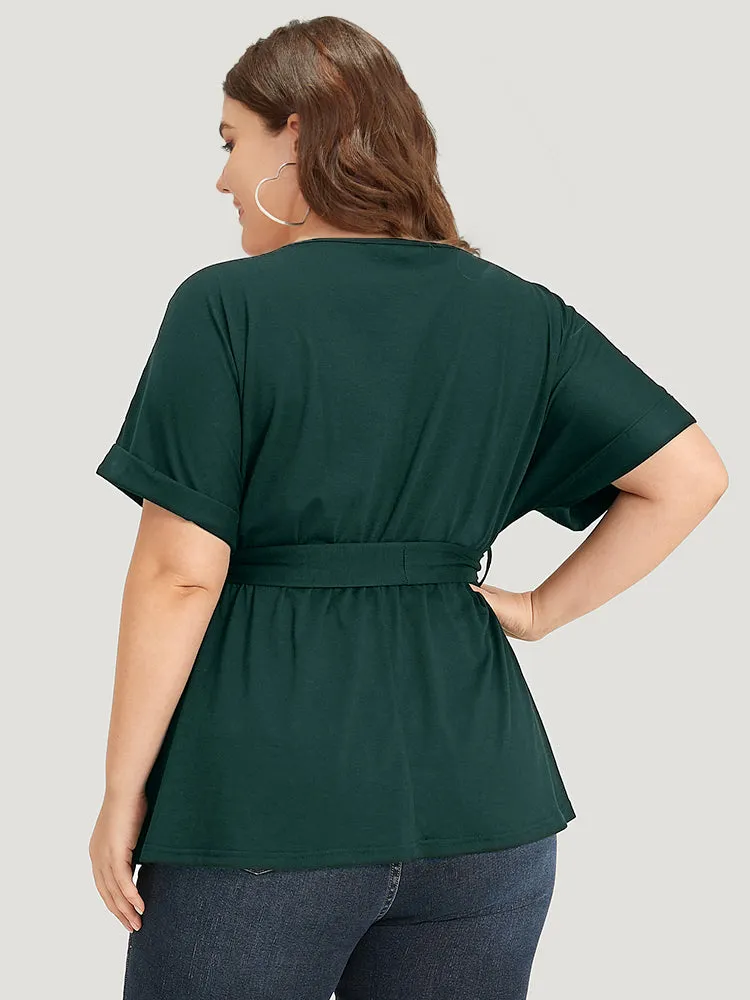 Solid Lace Patchwork V Neck Belted T-shirt sold by Bloomchic product image thumbnail 2