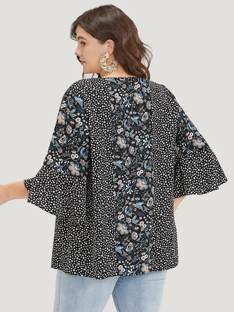 Plants Print Patchwork V Neck Bell Sleeve Blouse sold by Bloomchic product image thumbnail 5