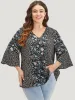 Plants Print Patchwork V Neck Bell Sleeve Blouse sold by Bloomchic