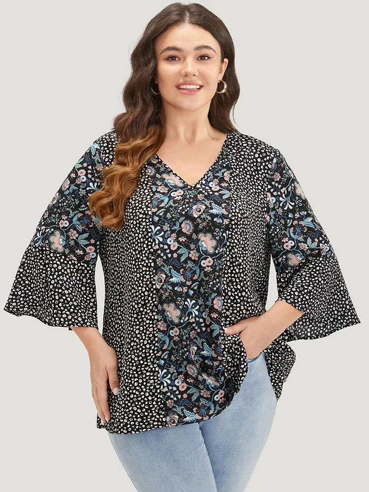 Plants Print Patchwork V Neck Bell Sleeve Blouse sold by Bloomchic product image thumbnail 2