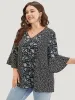 Plants Print Patchwork V Neck Bell Sleeve Blouse sold by Bloomchic