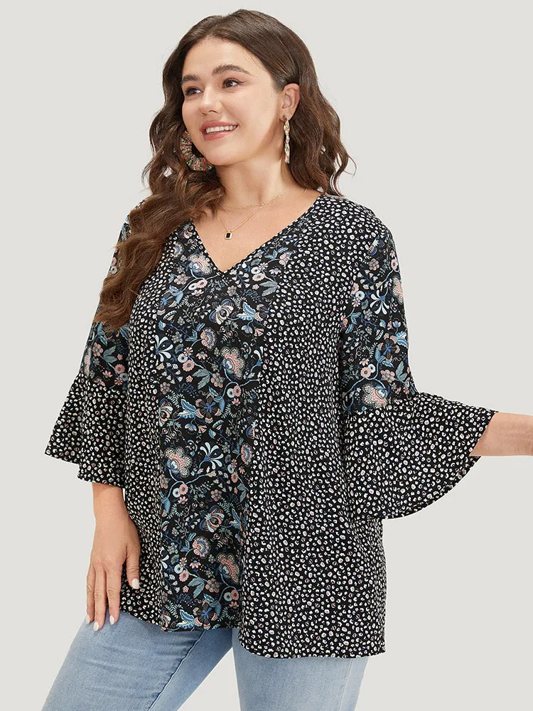 Plants Print Patchwork V Neck Bell Sleeve Blouse sold by Bloomchic product image thumbnail 3