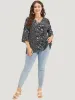 Plants Print Patchwork V Neck Bell Sleeve Blouse sold by Bloomchic