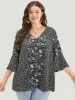 Plants Print Patchwork V Neck Bell Sleeve Blouse sold by Bloomchic