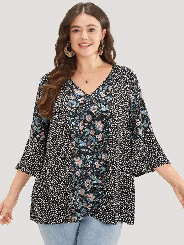 Plants Print Patchwork V Neck Bell Sleeve Blouse sold by Bloomchic