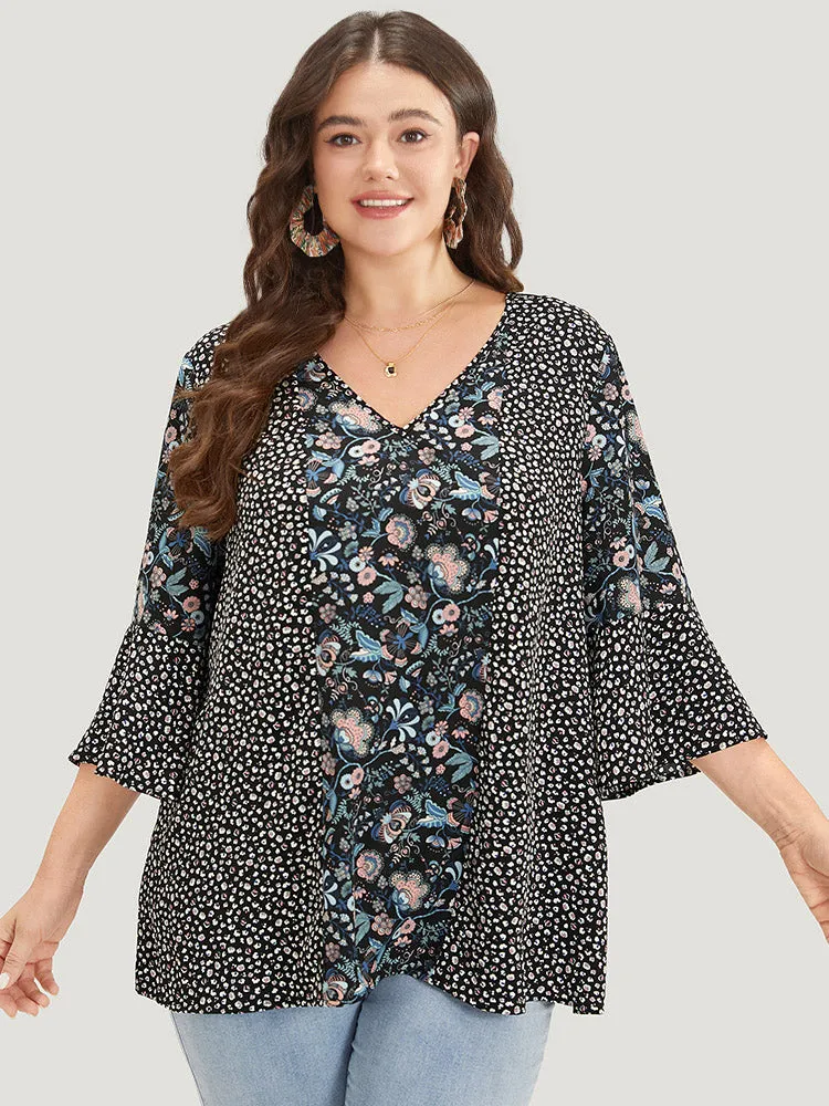 Plants Print Patchwork V Neck Bell Sleeve Blouse sold by Bloomchic