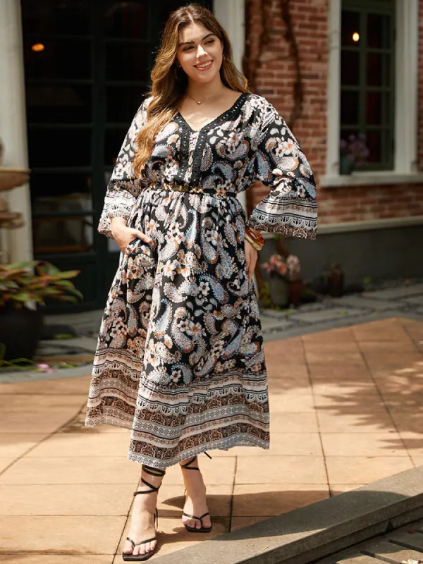 Floral & Paisley Print Elastic Waist Button Detail Dress sold by Bloomchic
