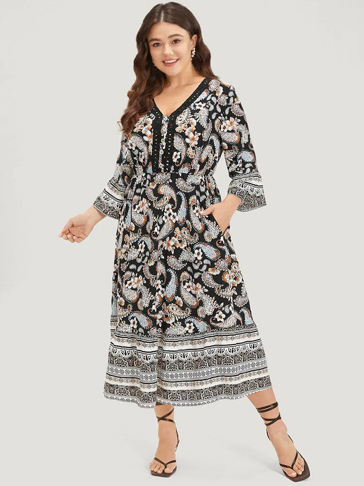 Floral & Paisley Print Elastic Waist Button Detail Dress sold by Bloomchic product image thumbnail 5