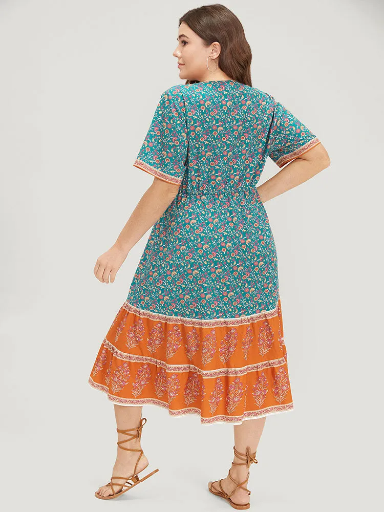 Floral Print Button Detail Elastic Waist Patchwork Dress sold by Bloomchic product image thumbnail 5