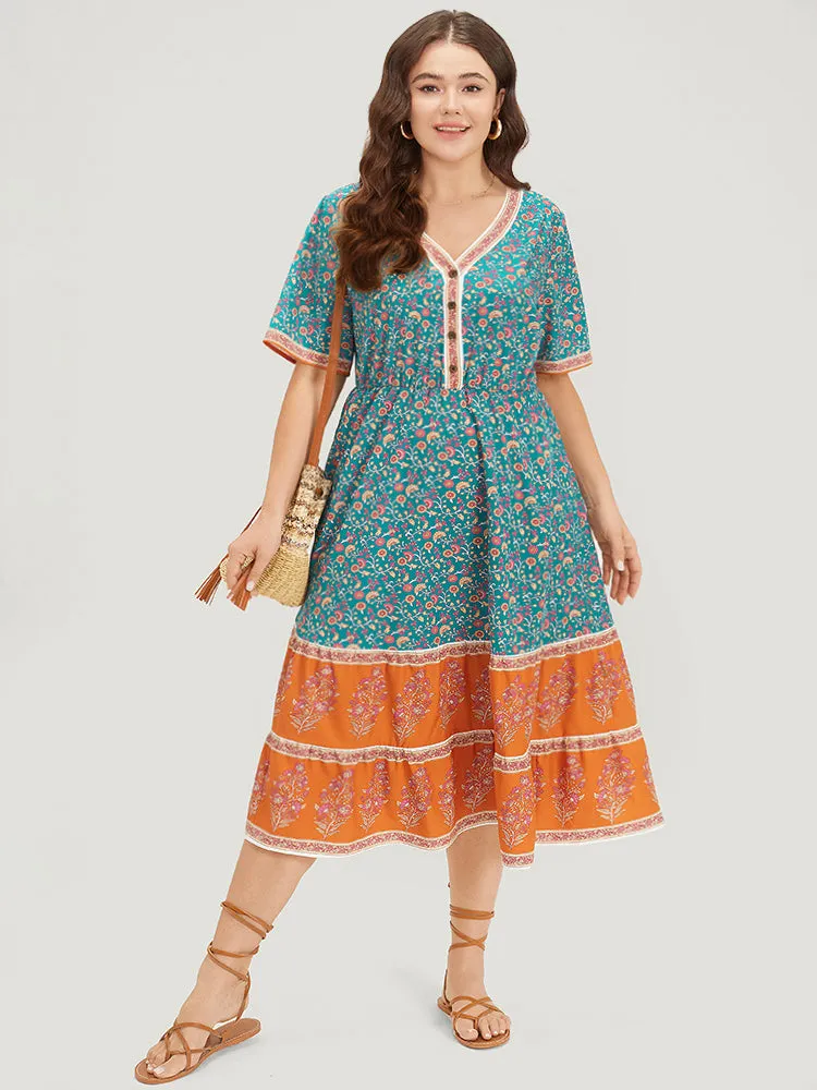 Floral Print Button Detail Elastic Waist Patchwork Dress sold by Bloomchic product image thumbnail 4