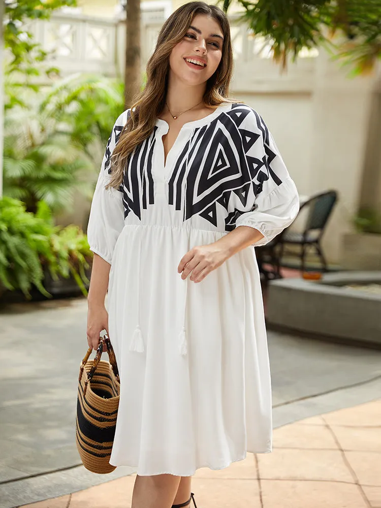 Geometric Print Notched Ties Tassels Elastic Cuffs Dress sold by Bloomchic product image thumbnail 2