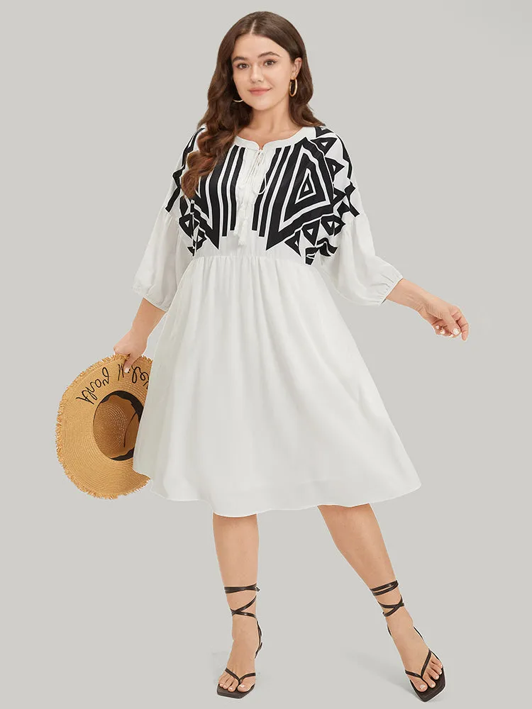 Geometric Print Notched Ties Tassels Elastic Cuffs Dress sold by Bloomchic product image thumbnail 4