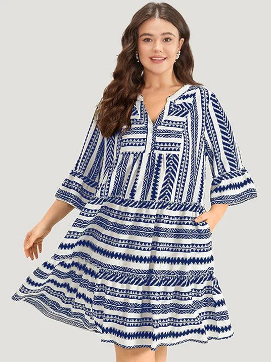 Bandana Striped Pocket Button Detail Notched Patchwork Dress sold by Bloomchic