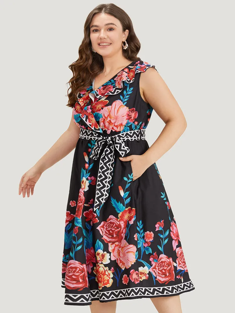 Floral Print Surplice Neck Belted Tank Dress sold by Bloomchic product image thumbnail 3