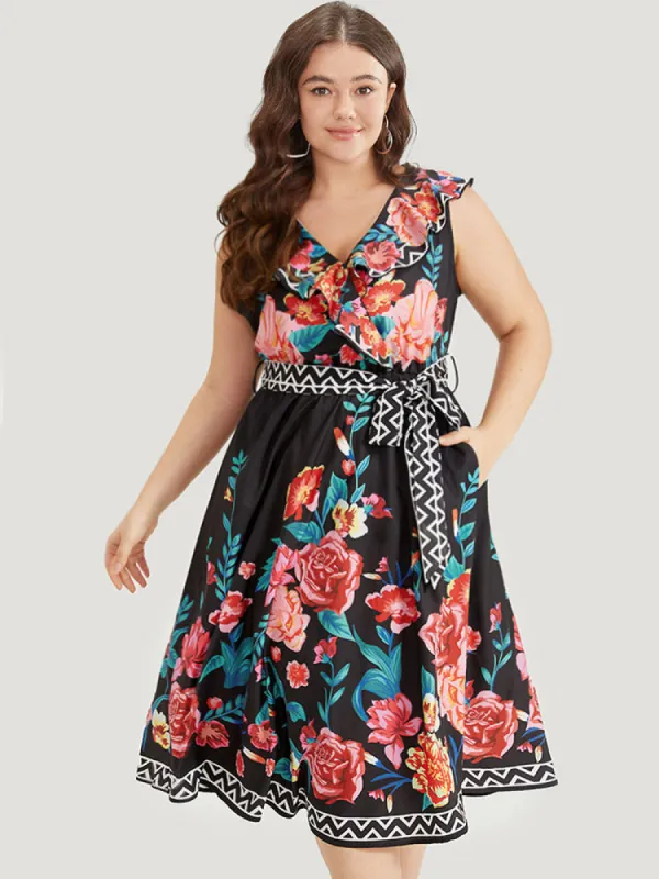 Floral Print Surplice Neck Belted Tank Dress sold by Bloomchic