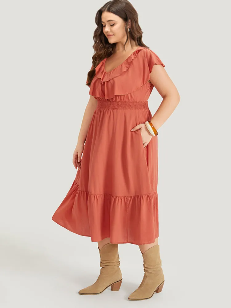 Solid Pocket Ruffle Trim Layered Shirred Dress sold by Bloomchic product image thumbnail 5