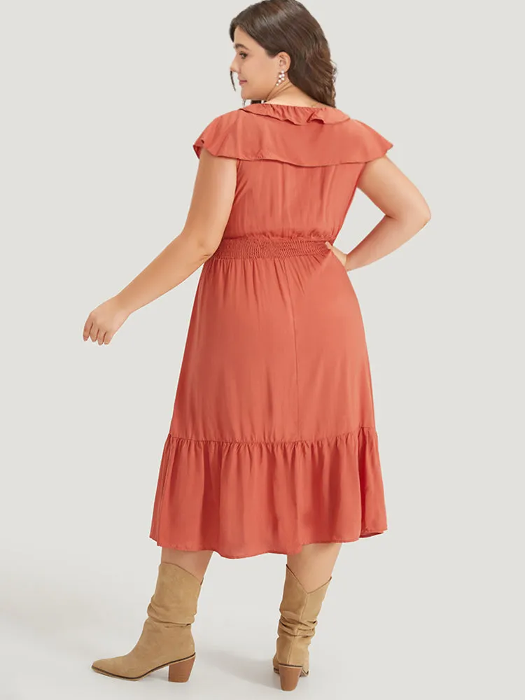 Solid Pocket Ruffle Trim Layered Shirred Dress sold by Bloomchic product image thumbnail 2