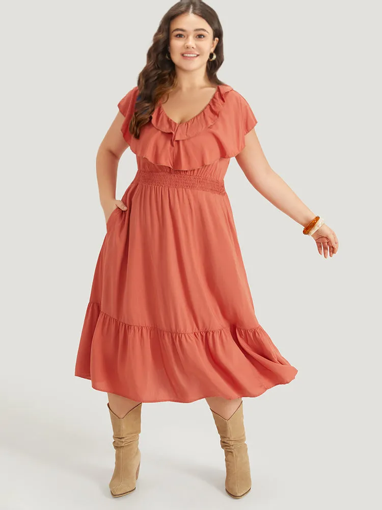 Solid Pocket Ruffle Trim Layered Shirred Dress sold by Bloomchic product image thumbnail 3