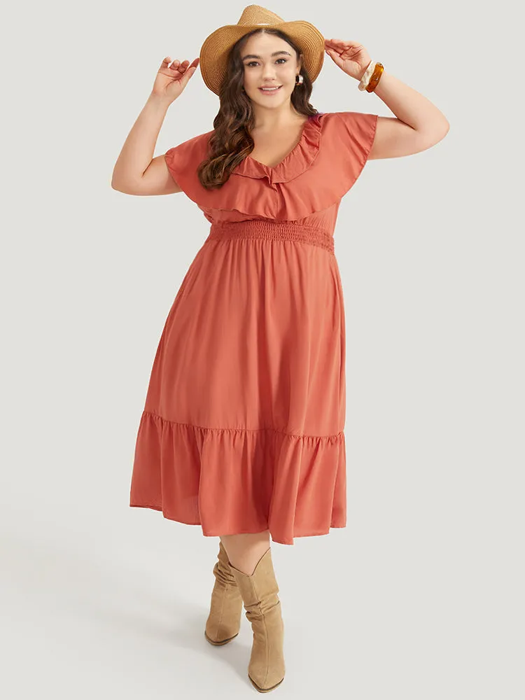 Solid Pocket Ruffle Trim Layered Shirred Dress sold by Bloomchic product image thumbnail 4