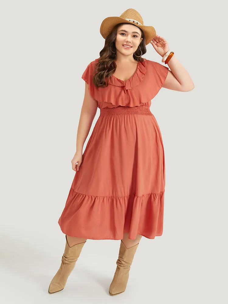 Solid Pocket Ruffle Trim Layered Shirred Dress sold by Bloomchic
