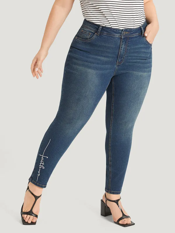 Faith Letter Embroidered High Rise Medium Wash Jeans sold by Bloomchic