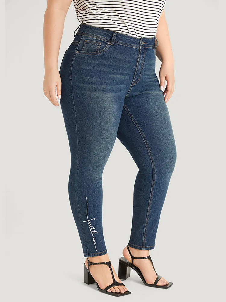 Faith Letter Embroidered High Rise Medium Wash Jeans sold by Bloomchic product image thumbnail 2